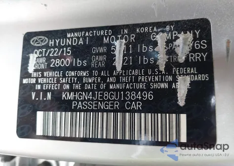 2016 Hyundai Genesis 3.8 z USA, uszkodzony, nr VIN KMHGN4JE8GU138496